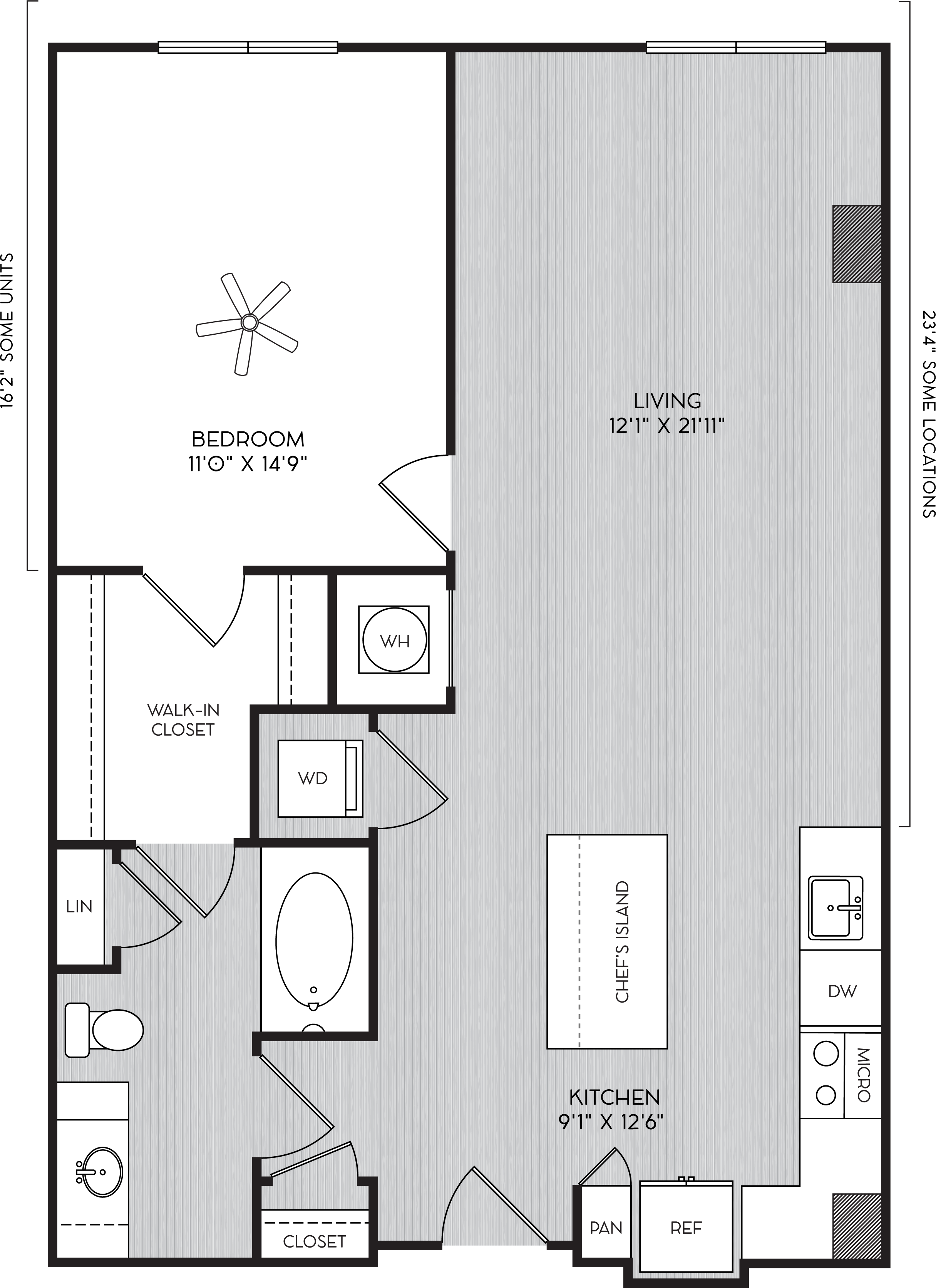 Floor plan for 1 bed, 1 bath, 881 sqft